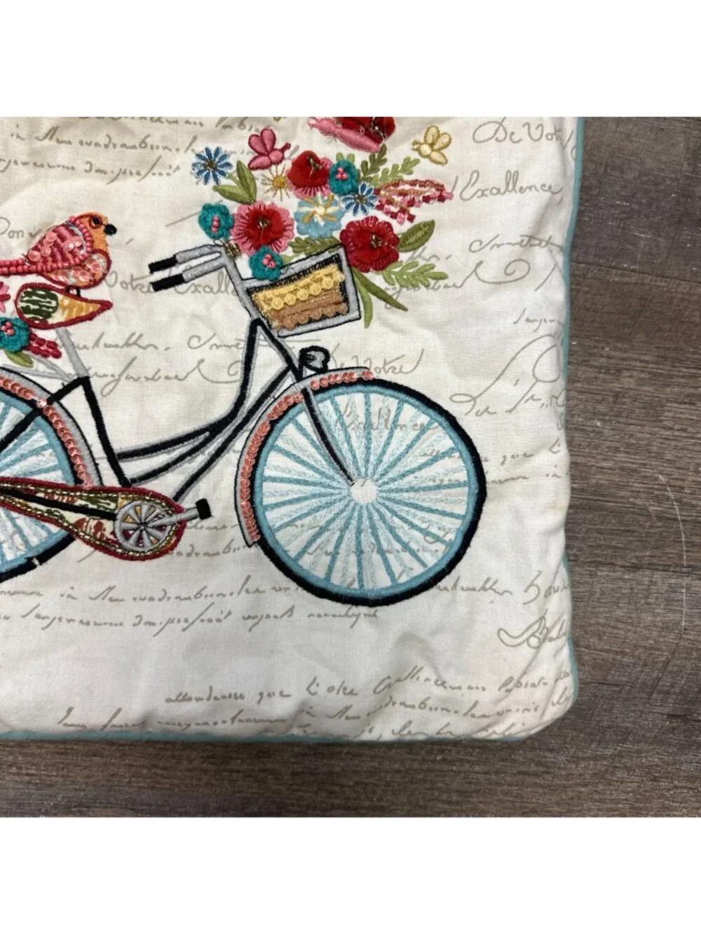 Vtg Y2k Pier 1 Bicycle Embroidered Beaded Floral Square Throw Pillow Zipper